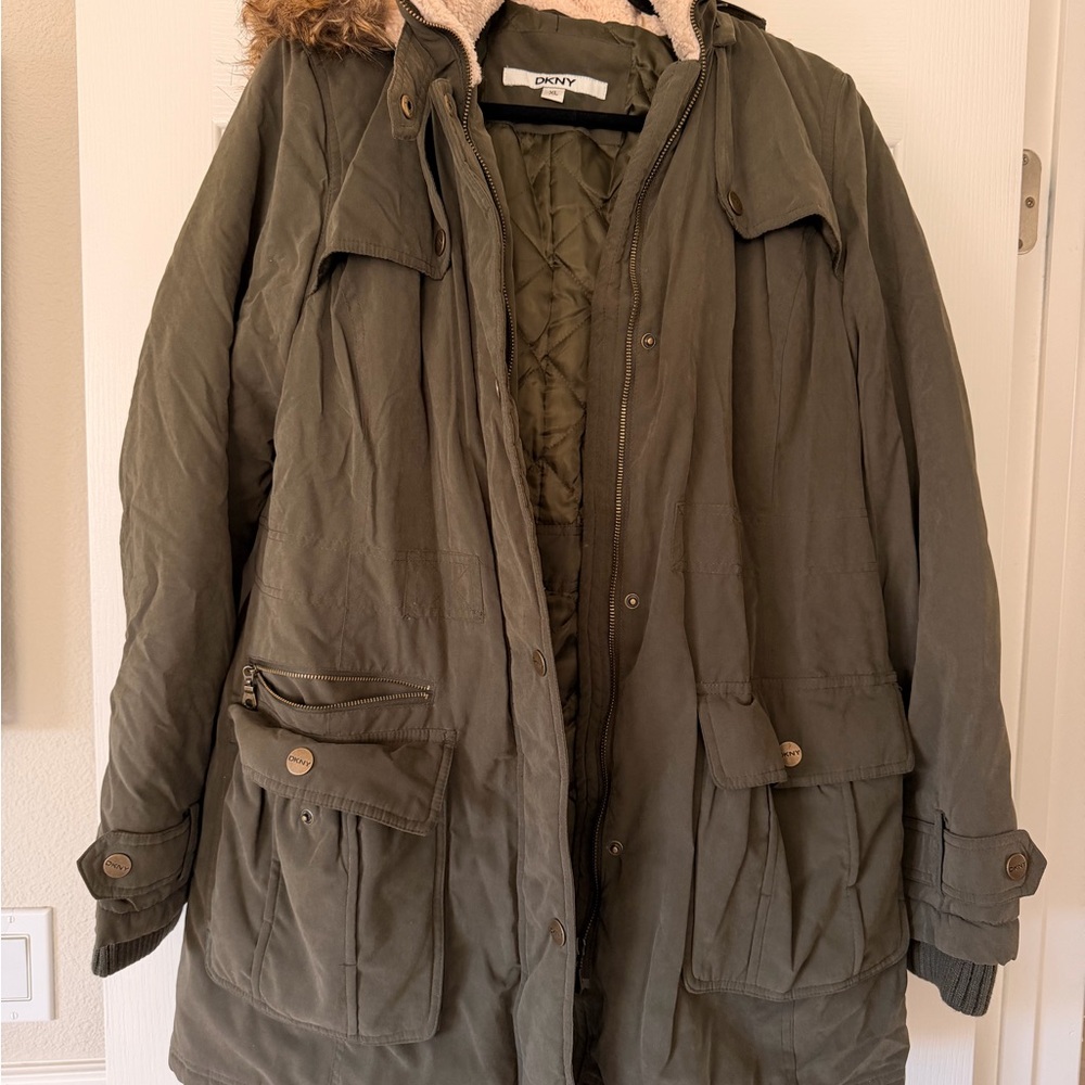 DKNY Women's Green Utility Jacket with Fur Trim